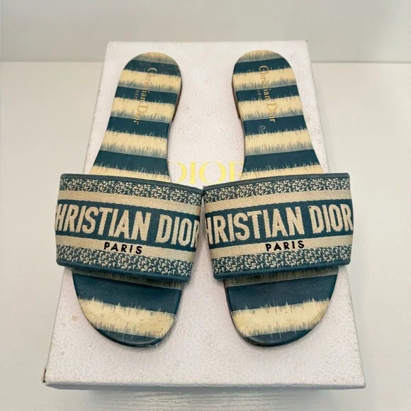 Christian Dior D-Stripes Embroidered Dway Slide Sandals Deep Ocean Sz 39 / 9 - Picture 2 of 6
